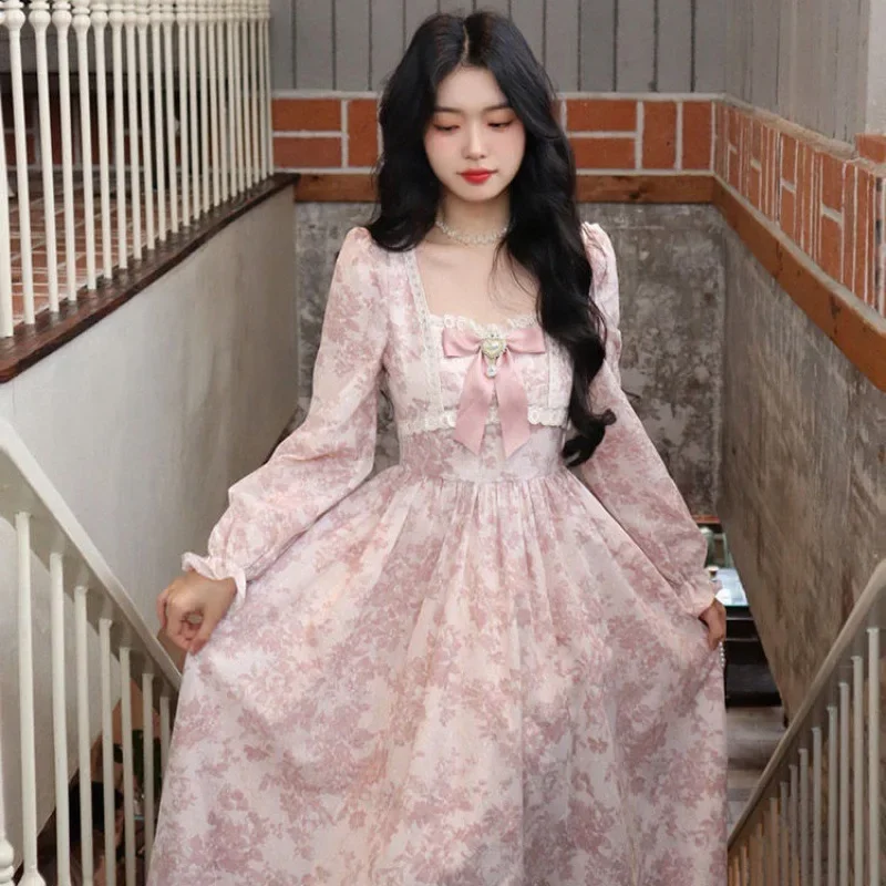 Sweet Style French BowDress Women's Spring Autumn Collection New Waist-Fitted Fragrant Princess Long Dress Subtle Flower Print