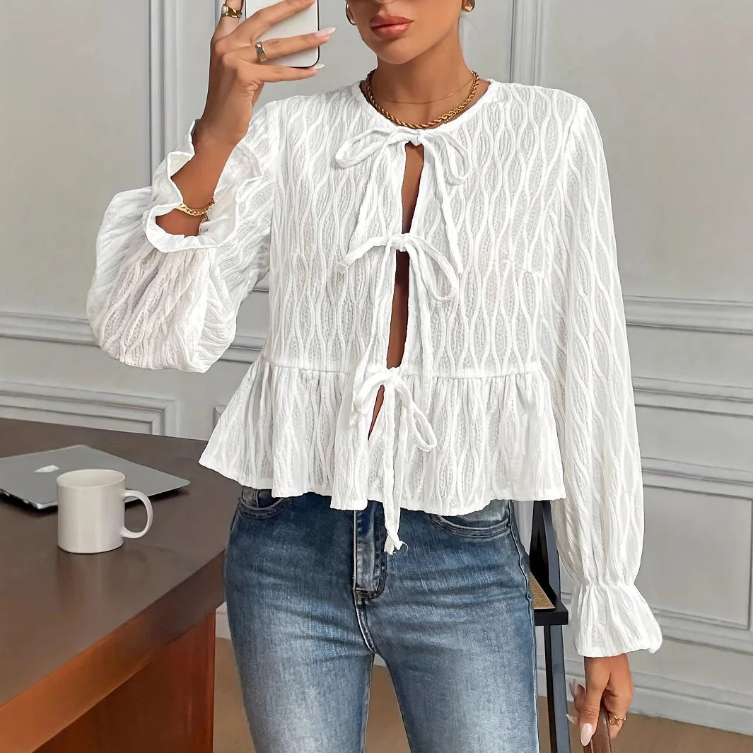 

Women's shirt 2025 hot selling hot selling long sleeved lace up casual versatile women's top