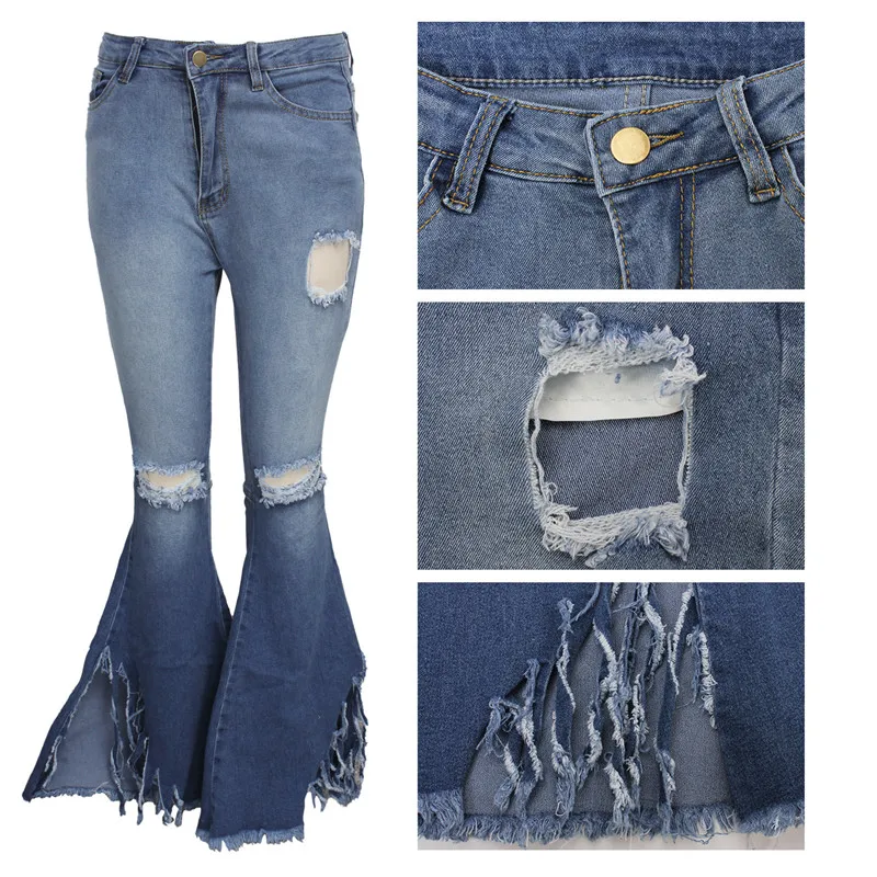Solid Cut Out Hole Ripped Jeans High Waist Tassels Plus Size Trousers 2024 Vintage Skinny Flared Denim Pants Women Streetwear