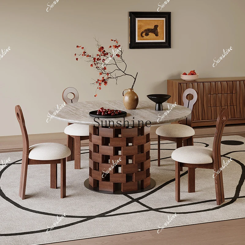 Wabi-sabi wind round dining table and chairs small apartment family living room retro light luxury marble dining table FT