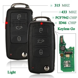 jingyuqin Keyless Go Fob 3/4 Buttons 315/433Mhz Flip Remote Smart Car Key ID46 PCF7942 Chip For VW Volkswagen Touareg Phaeton