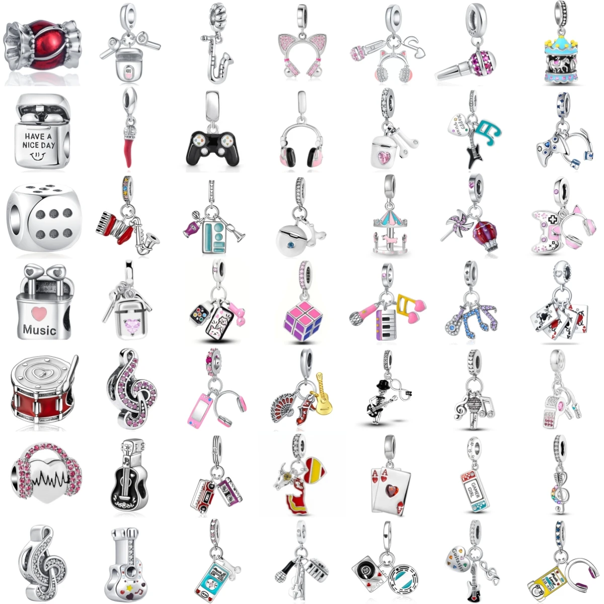 925 Sterling Silver Instrument Game Controller Dice Carousel Headphone Guitar Piano Microphone Fit DIY Jewelry Gift