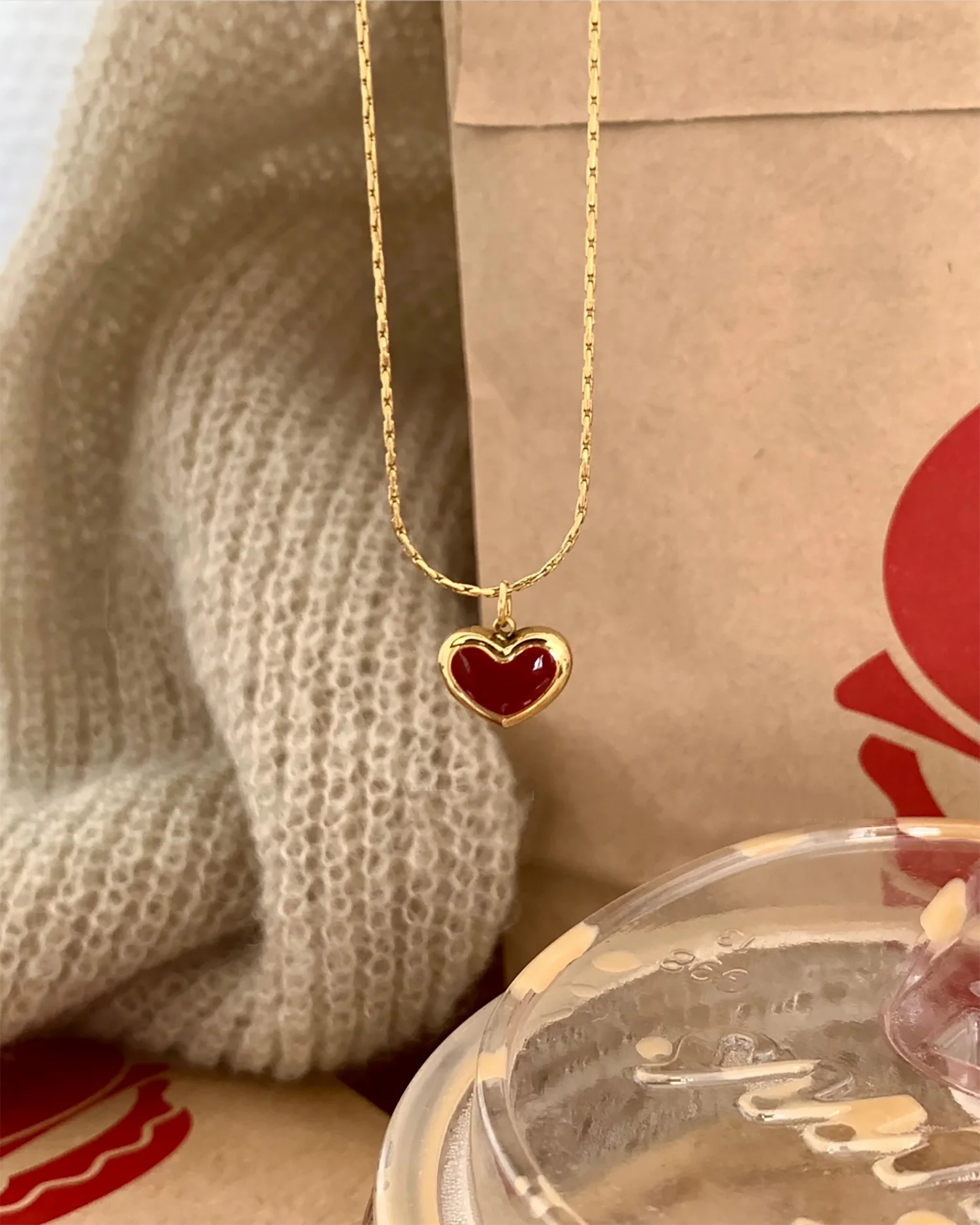 Korean Trendy Red Heart Pendant Golden Stainless Steel Necklace for Women Sweet Elegant Niche Design Party Jewelry Wedding Gifts