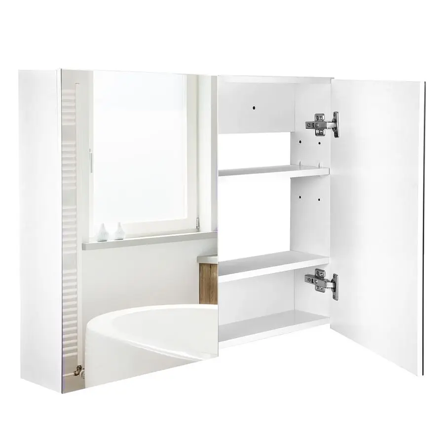 Double Door Wall Mounted Glass Mirror Cabinet Modern Storage Unit Bathroom Shelf Organiser Waterproof Wooden Frame 80W x 15D x