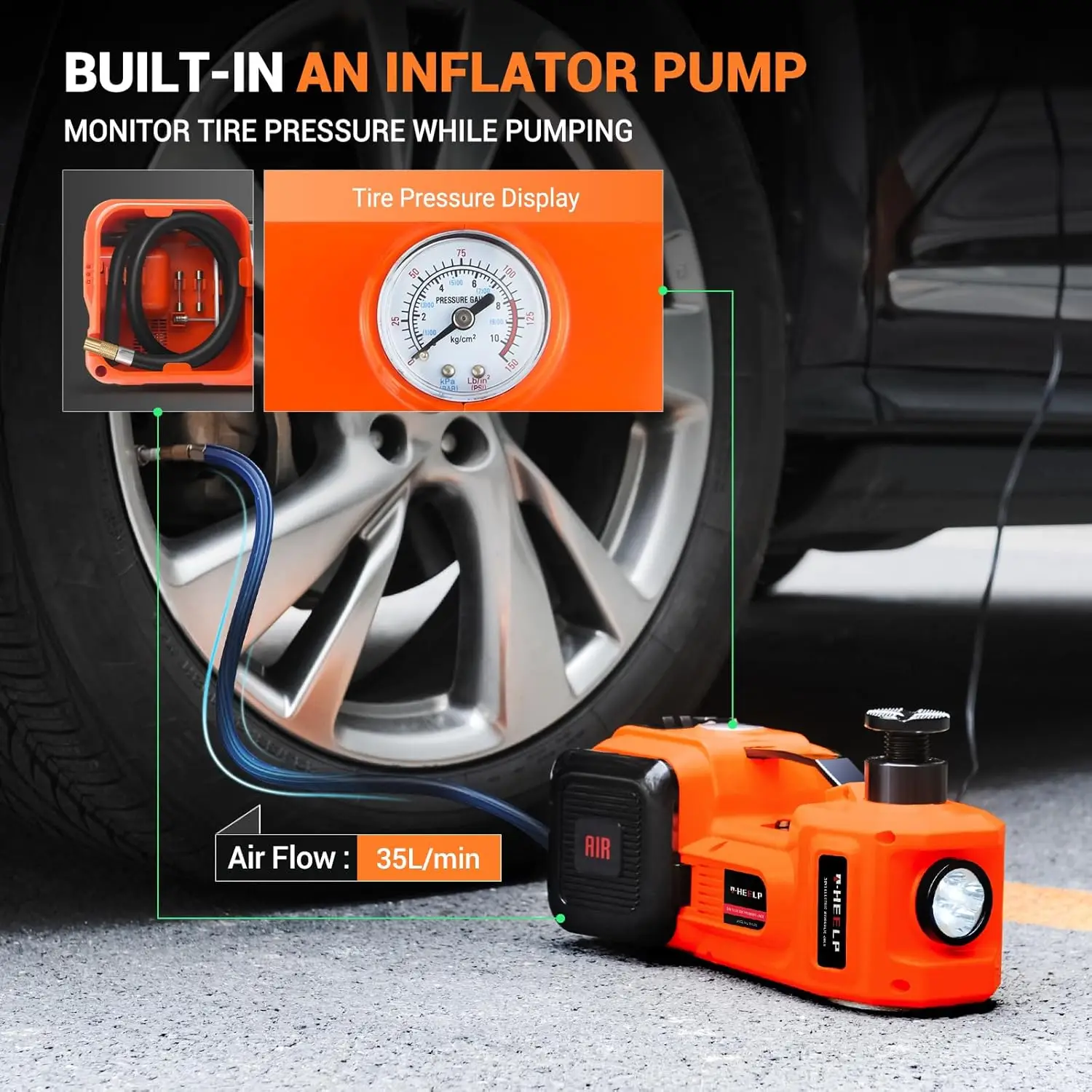 طقم جاك سيارة كهربائي 5 طن 12 فولت هيدروليكي (نطاق الرفع: 6.1 ~ 17.7 بوصة) مع مقبس كهربائي منفاخ لتغيير سيارة SUV Sedan MPV #4