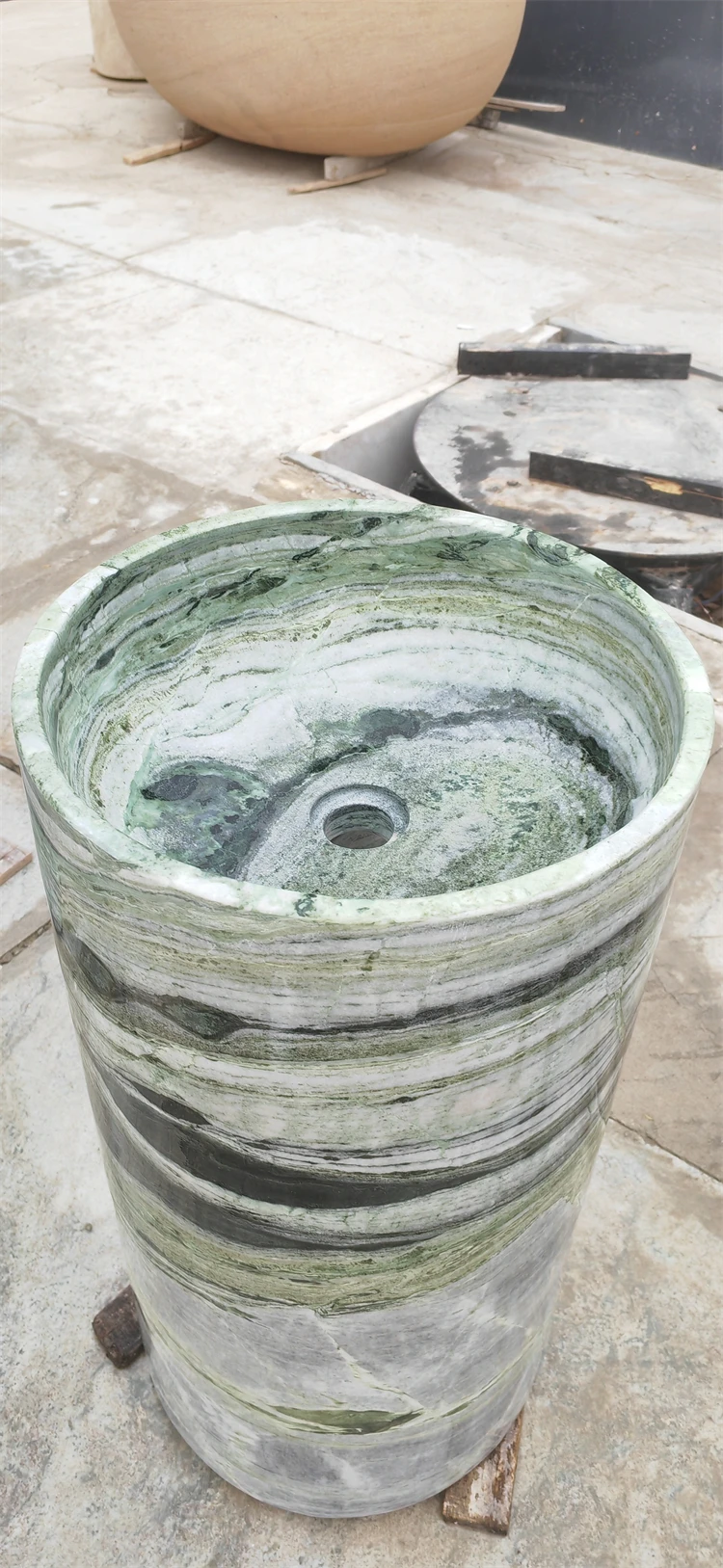 Solid Integrated Green Emerald Marble Freestanding Wash Basin Stone Cylinder Pedestal Sink Green Marble Sink For Bathroom