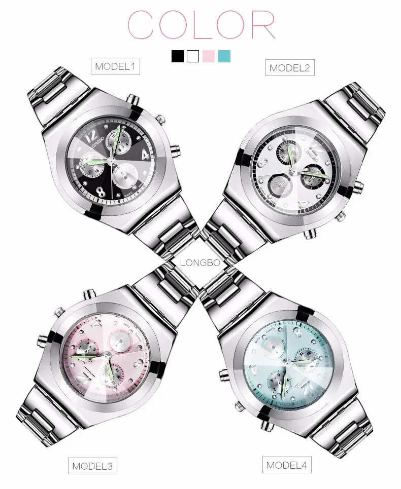 Relógio de quartzo fashion longbo feminino, relógio impermeável casual de aço inoxidável para mulheres