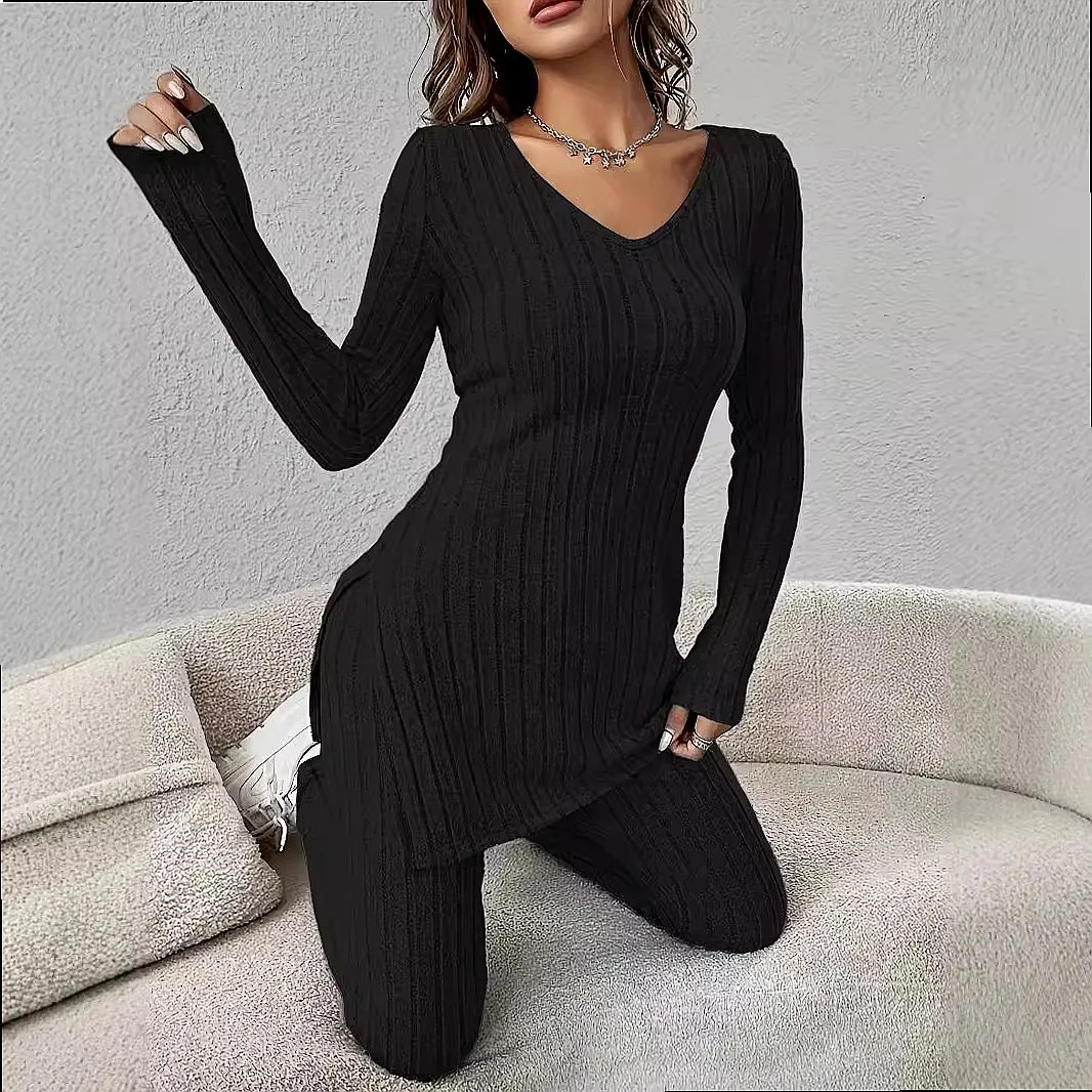 Women's Casual Long Sleeve V Neck Split Top and Pants Matching Set Loose Lounge Suit Jumpsuit