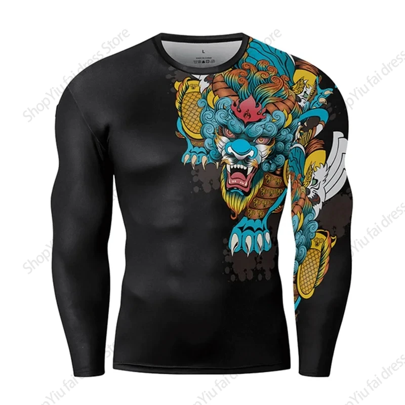 Camiseta de manga larga con cuello redondo para hombre, camisetas gráficas con estampado 3D de samurái japonés, camiseta informal de calle, Ropa para hombre, Tops con tatuaje