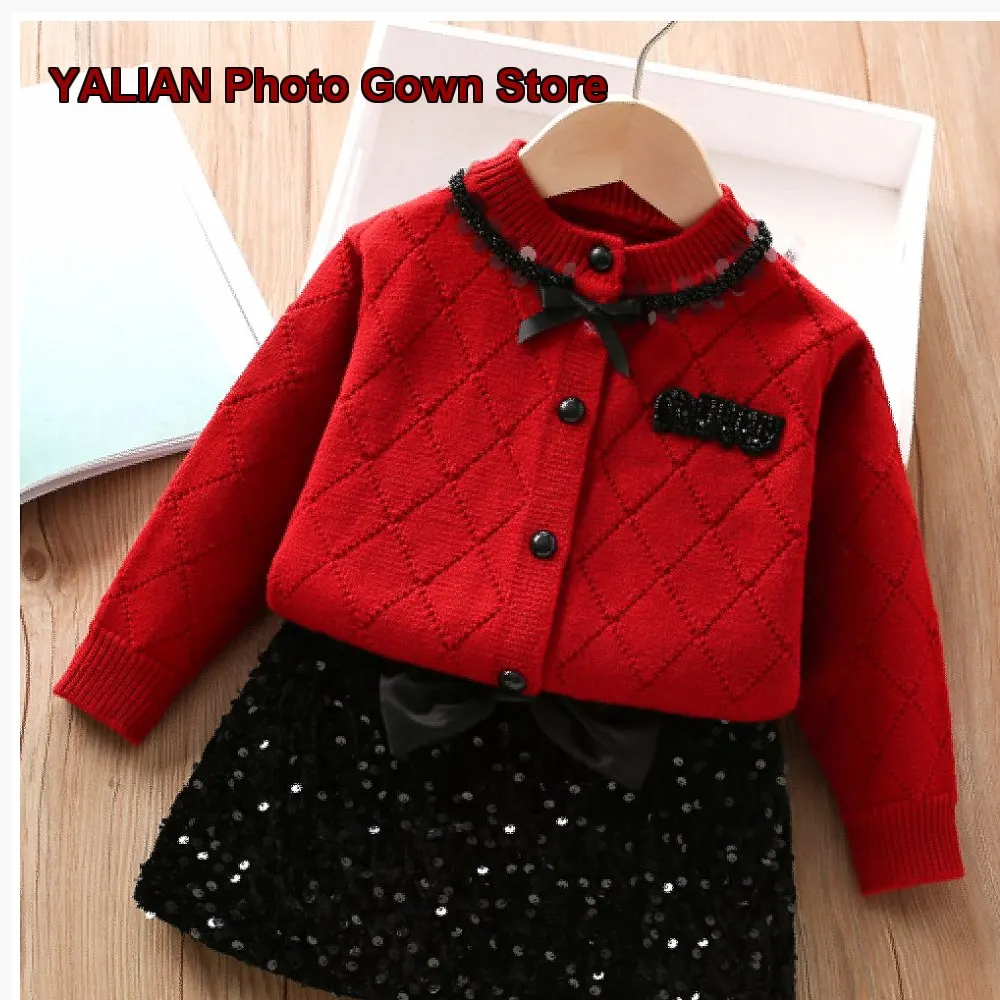 Girls Two-Piece Set Baby Kids Spring Autumn Knit Top Pleated Skirt Fashionable