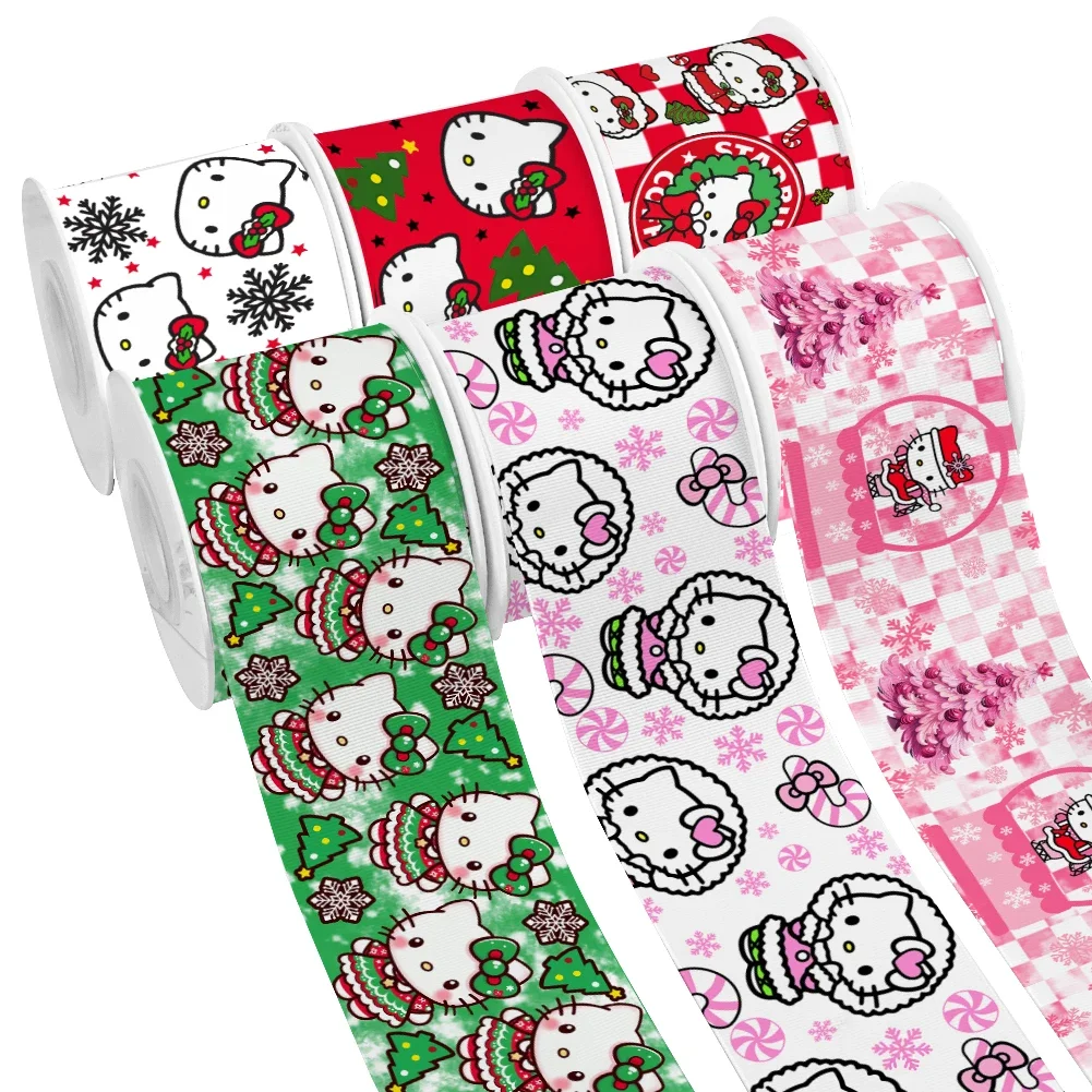 Christmas Cartoon Hello Kitty Pattern Grosgrain Ribbons Satin Ribbon for Cheer Bows DIY Girl Hair Bows 10yards