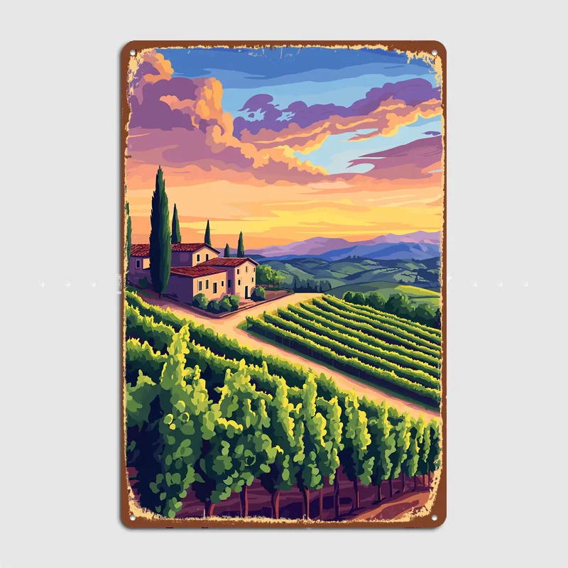 Tuscan Vineyard Landscape at Sunset Metal Custom Sign Living Room Wall Indoor Decor Room Decoration Bedroom Posters Home Decor