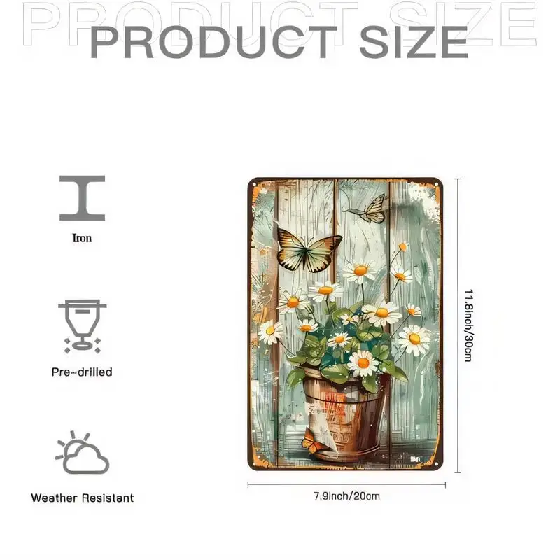 Weather Resistant Pre - drilled Iron Tin Sign, Vintage Butterflies & Daisies Flower Pot Design, 7.9x11.8in Retro Rustic Wall Art