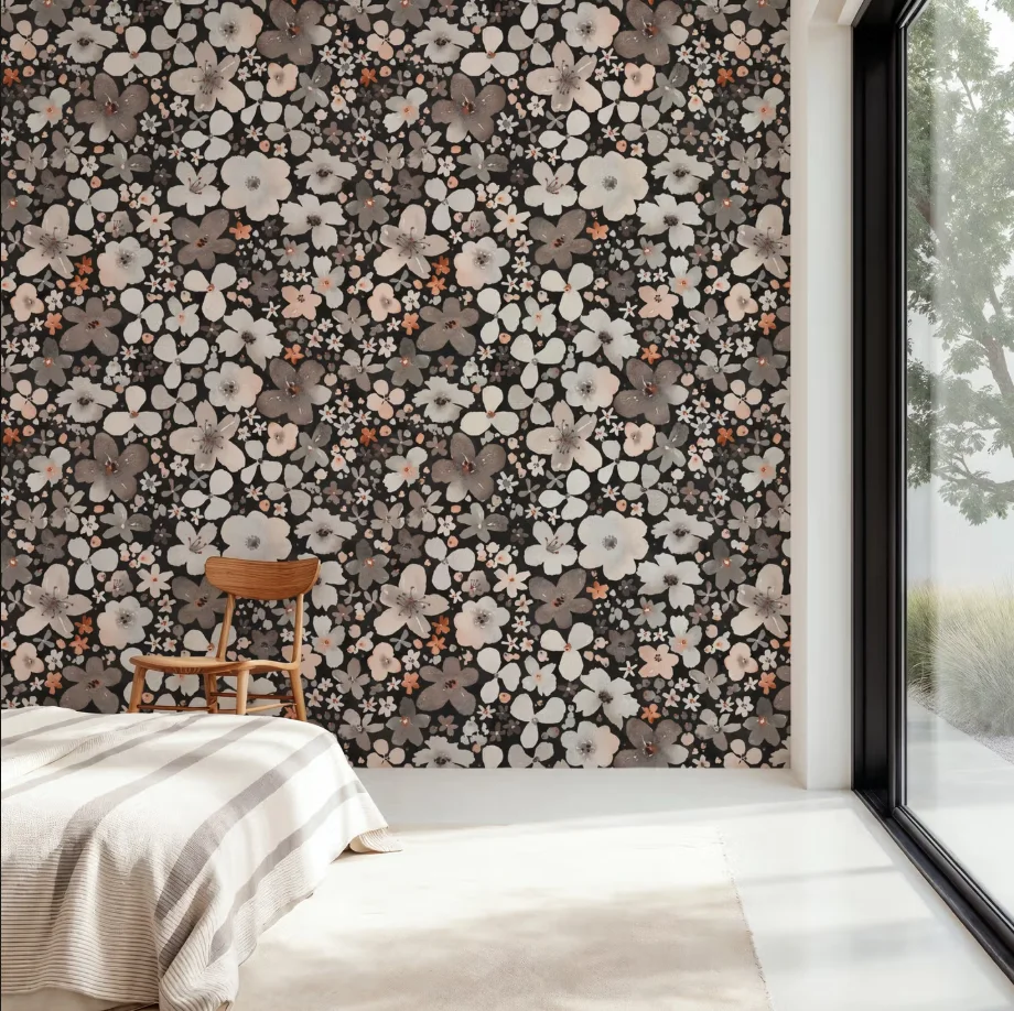 Custom sized mural hand-painted floral wallpaper with blue, pink, coral, and white watercolor and wildflower tiled wallpaper