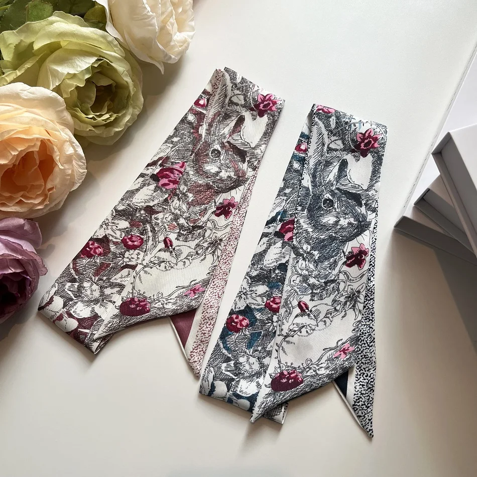 2025 new rabbit bag silk scarf long strip small scarf thin narrow headband decorative Princess Diana bag handle tied bag ribbon