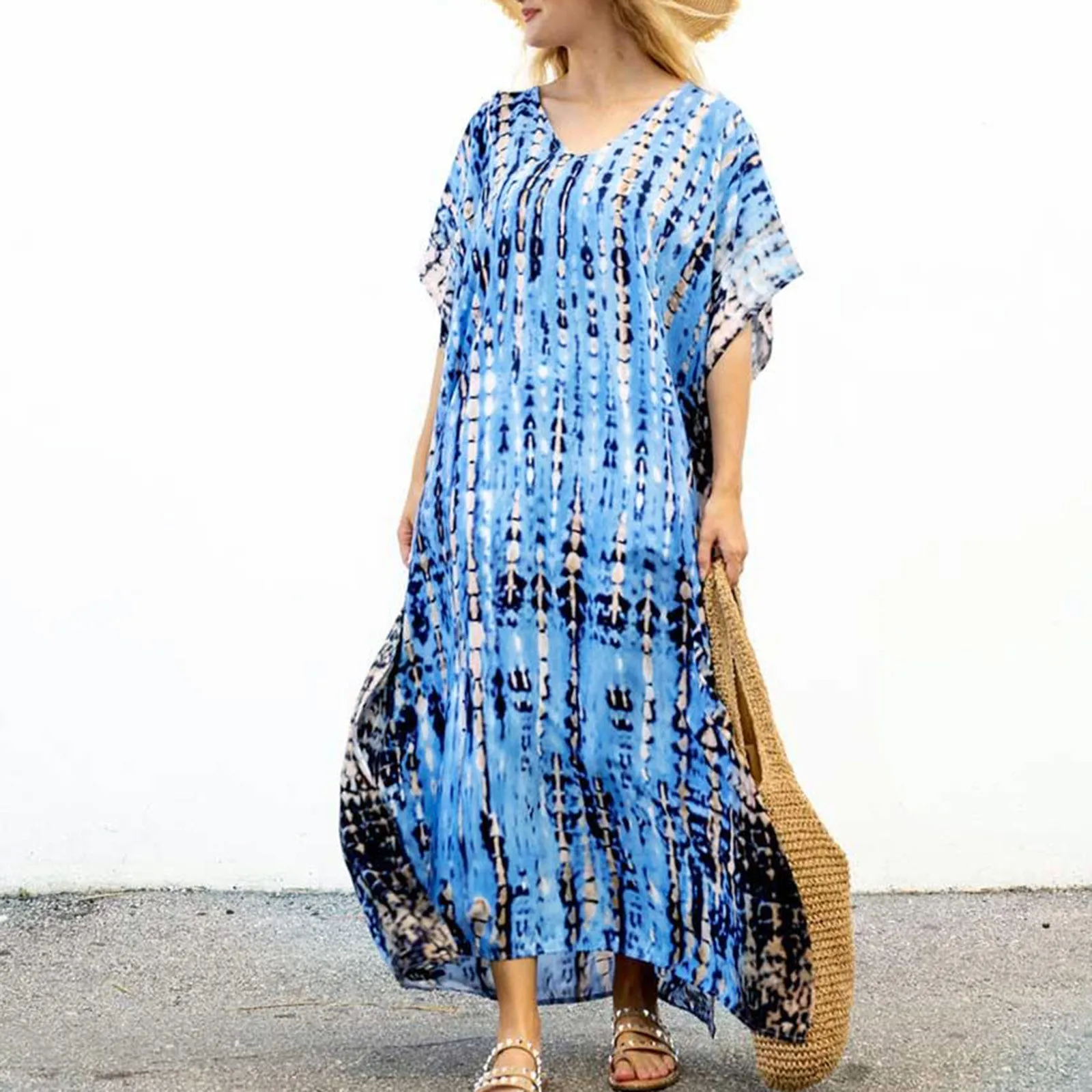 Fitshinling Halo Dyeing Vintage Beach Long Dress Women V Neck Oversize Robe Side Split Loose Kaftan Holiday Boho Maxi Dresses