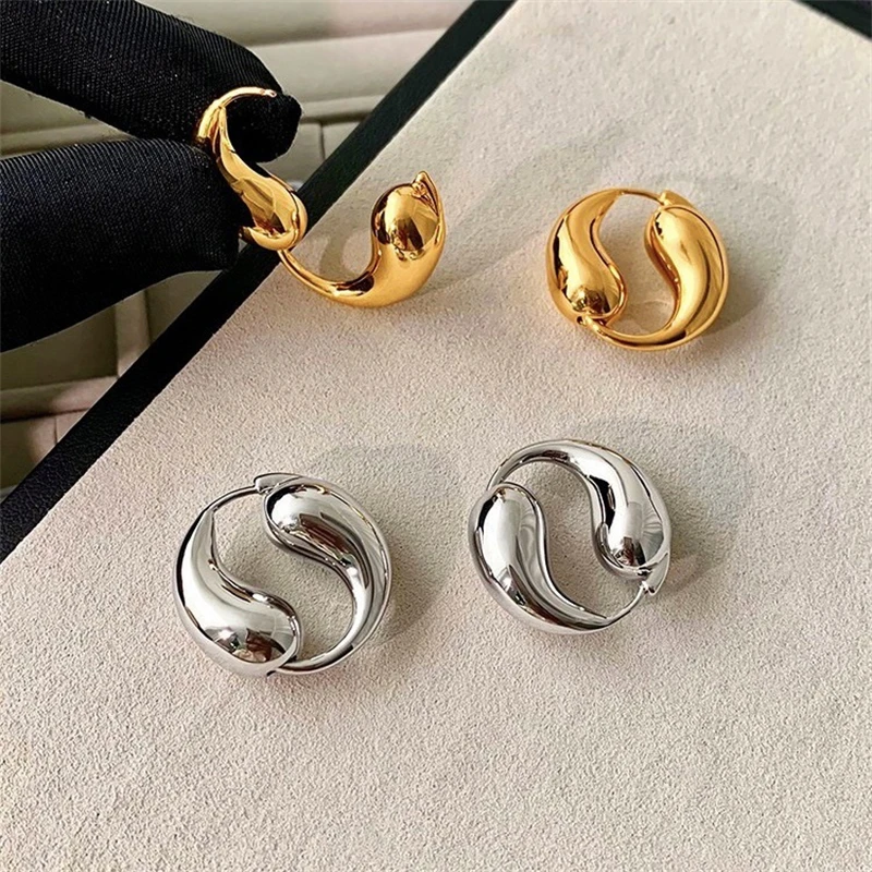 Vintage Solid Copper 18K Gold Plated Tai Chi Droplet Ear Buckle Premium Earrings for Women Pary Jewelry No Zircon Design