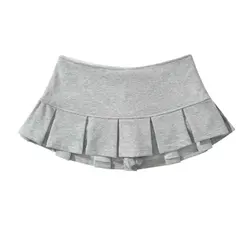 Mooyufon Fabric Y2K Mini Skirt Women Low Waist Wide Pleat Light Grey Sexy Vintage A-line Pleated Skirt Casual Skort Summer