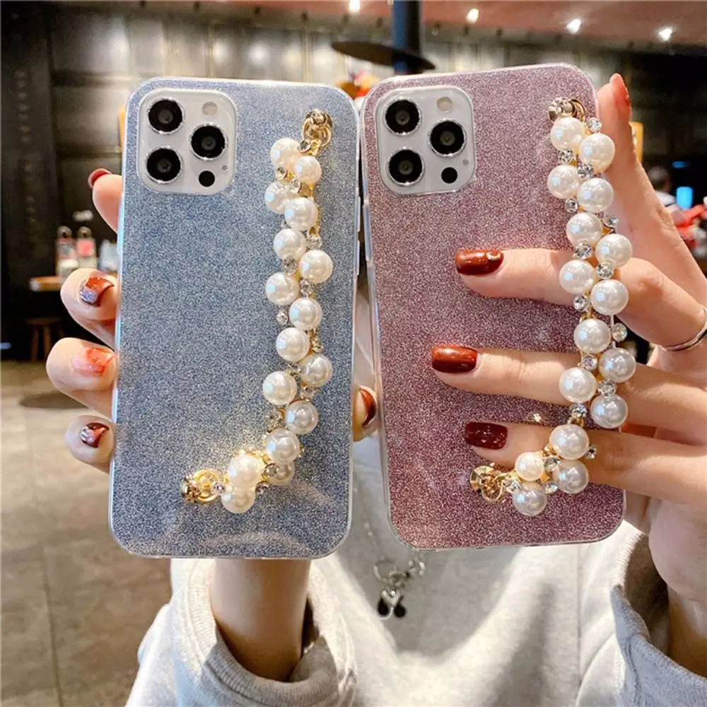 Phone Fall Prevention Elegant Phone White Pearls Loss Prevention Strap Chain Holder Cell Phone Pearls Crystals Straps