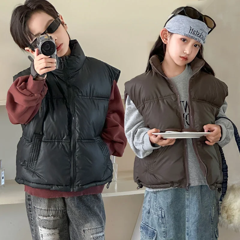 

Boys Girls Vest Jackets Children Autumn Down Waistcoat Kids Winter Cotton Stand Collar Sleeveless Coats Teenager Fashion Clothes
