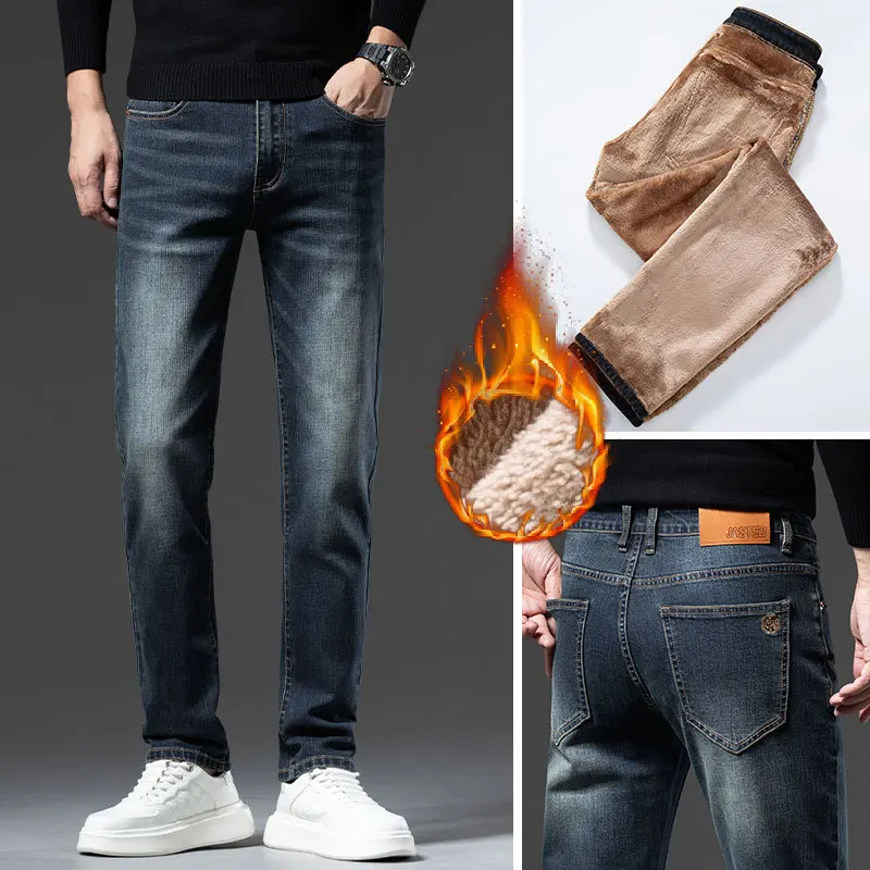 

2024 Winter New High-End Fleece Padded Jeans Men's Retro Vintage Warm Anti-Freezing Cold-Resistant Stretch Denim Pants