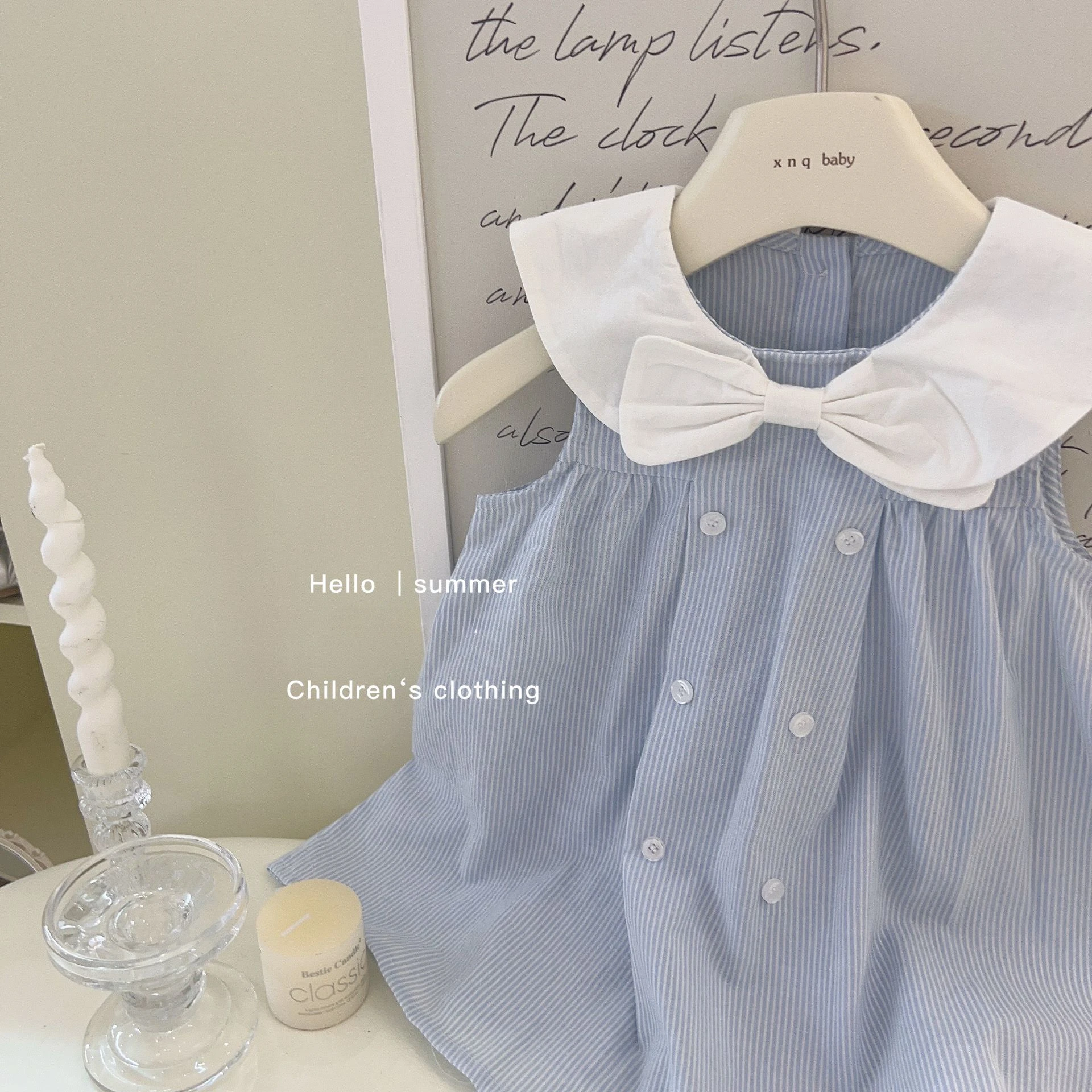 Sleeveless Childrens Clothing 2024 Summer Fashionable Dress Girl Doll Neck Bow Blue Striped Princess Skirt