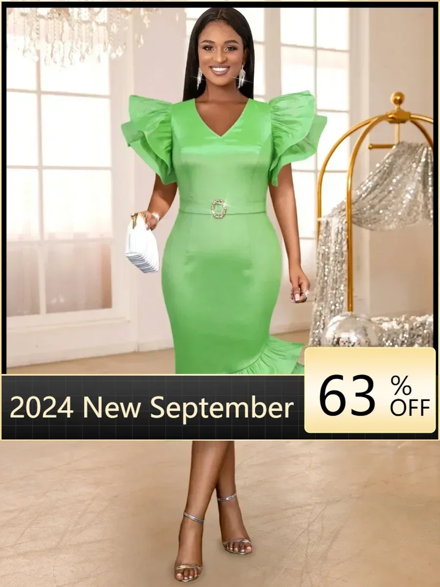 

Green Party Dresses Women V Neck Short Ruffles Sleeve Bodycon Empire Package Hip Irregular Hem Cocktail Birthday Evening Gowns