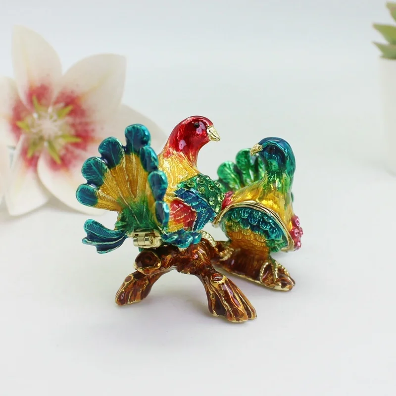 SHINNYGIFTS Enameled Trinket Box Metal Craft Hinged Bird Figurine Collectible Jewelry Pigeon Box for Ring Holder Organizer