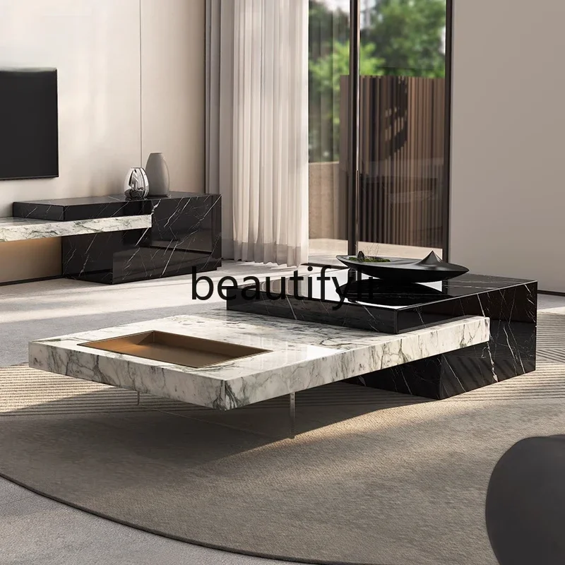 E182 Italian minimalist natural marble acrylic coffee table TV cabinet combination living room designer Nordic wabi