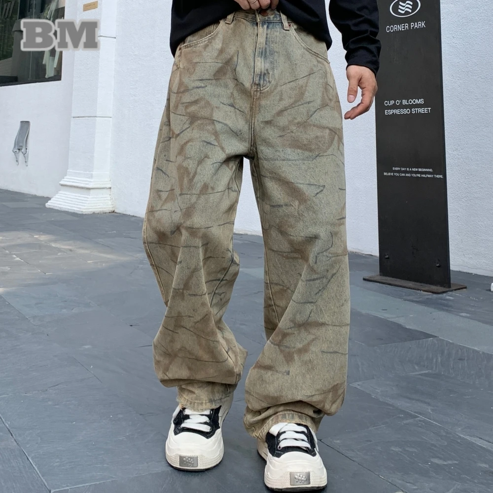 Mens American Streetwear Baggy Jeans Loose Fit High Quality Yellow Mud Dye Distressed Denim Pants Hip Hop Skateboard Stacked