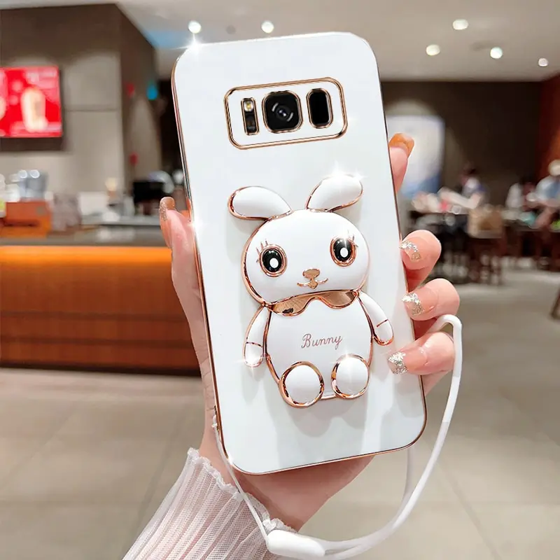 Phone Case For Samsung Galaxy S8 Luxury Plating Square Rabbit Holder With Landyard Phone Case Cover