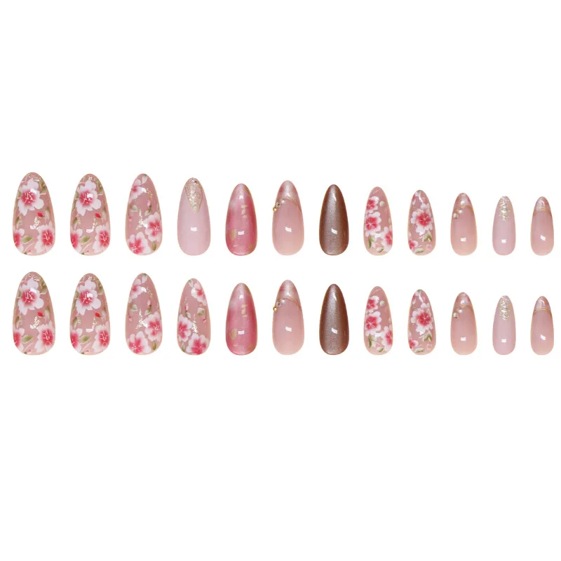 24PCS Long Almond Cat's Eye Fake Nails with Flower Design Gentle Round Nails Set Press on Nails Wearable Flash French False Nail