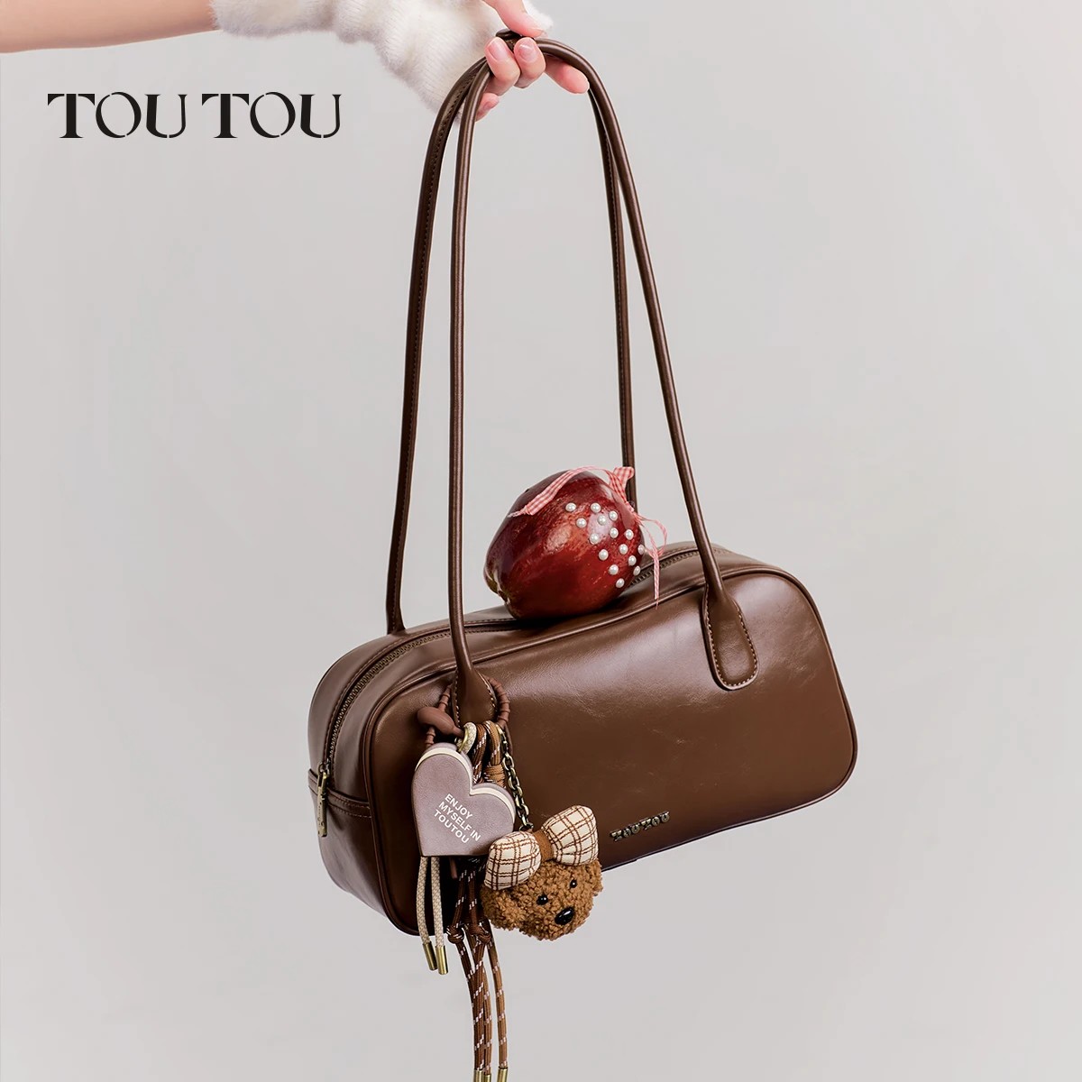 

TOUTOU Brown Bowling Underarm Bag Women Dog Rope for 8.3 Inch Tablet Durable Boston Handbag Original Designer Shoulder Commute