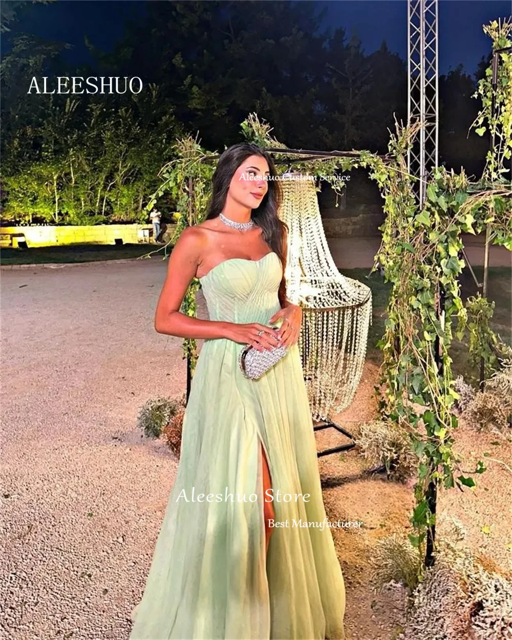 Aleeshuo ชุดงานพรอมผ้าโปร่งไร้สายเซ็กซี่สีเขียวอ่อน, ชุดเดรสผ่าข้าง vestidos de Noche เสื้อแขนกุด