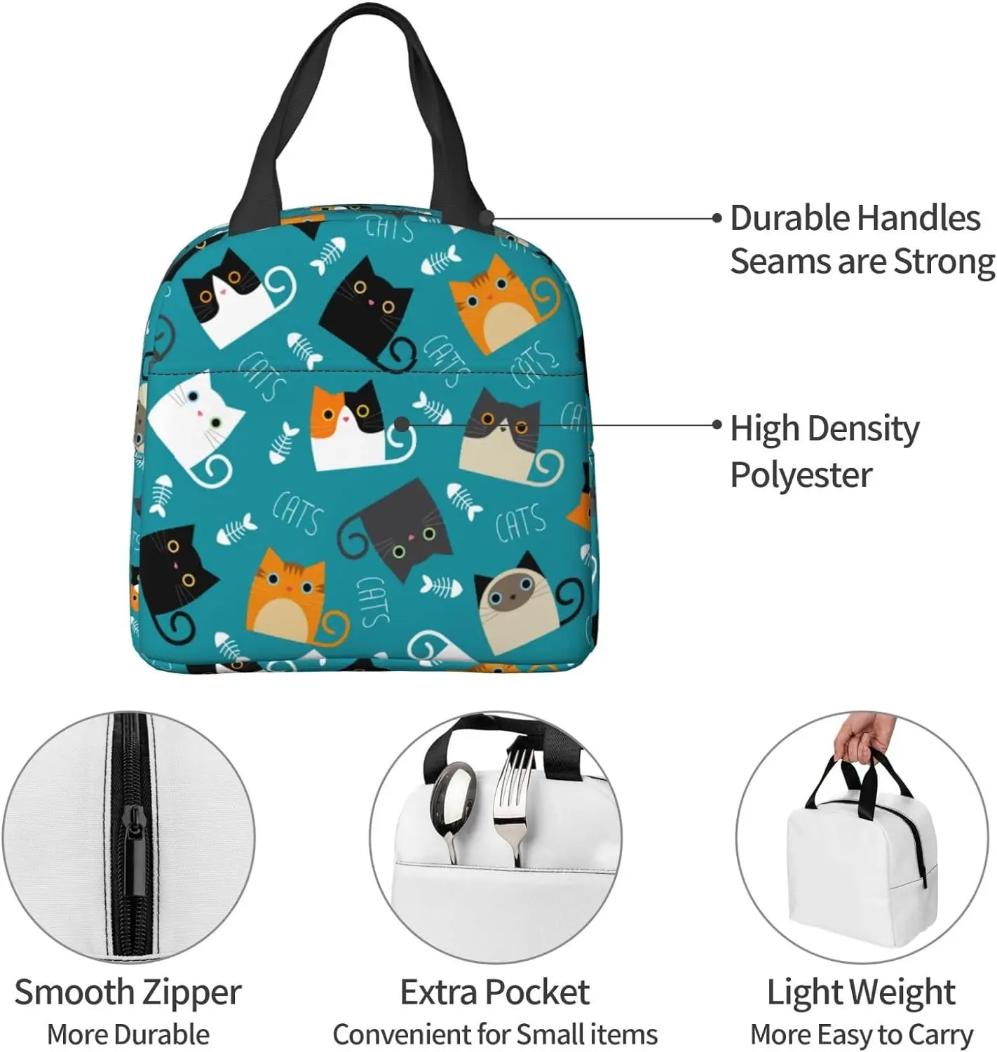 Funny Cats Lunch Bag Compact Tote Bag Reusable Lunch Box Container For Women Men School Office Work, 6l