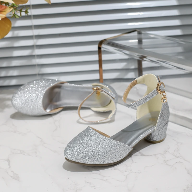 Girls Princess Leather Shoes Sequins Versatile Children's Sandals Catwalk Perform Kids Fashion Causal Dresses Low-heels Sandals