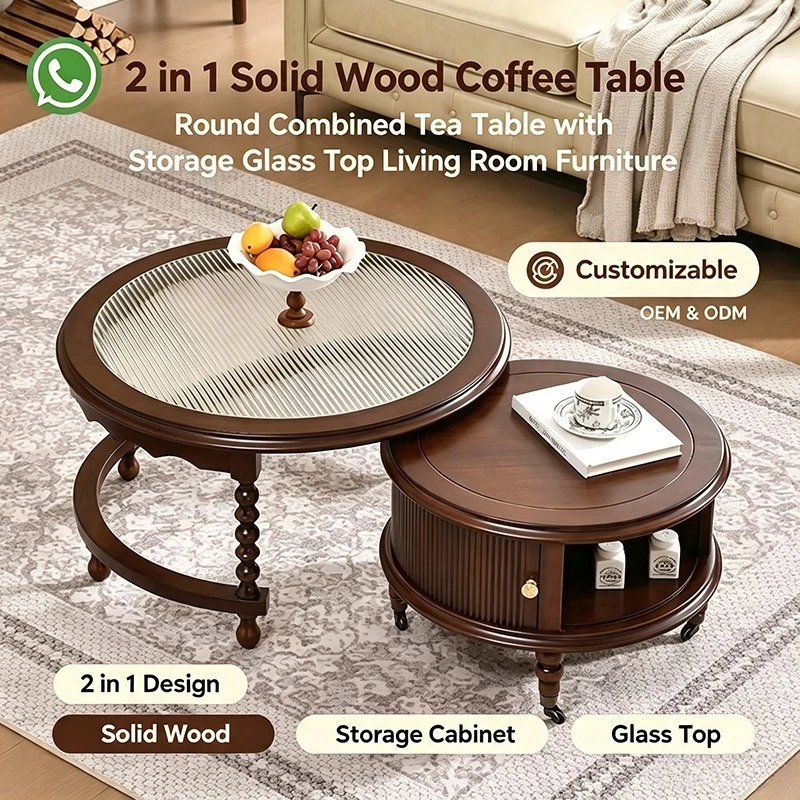 2‑in‑1 Nested Round Coffee Table Set, Mid‑Century Solid Wood Glass‑Top Storage Tea Table for Living Room Home Furniture