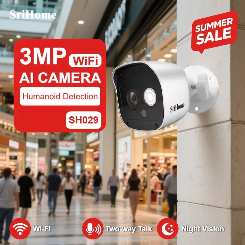 

SriHome 3-мегапиксельная FHD-камера, Wi-Fi, беспроводная камера видеонаблюдения, IP66, водонепроницаемая для дома, AI, обнаружение движения SH029