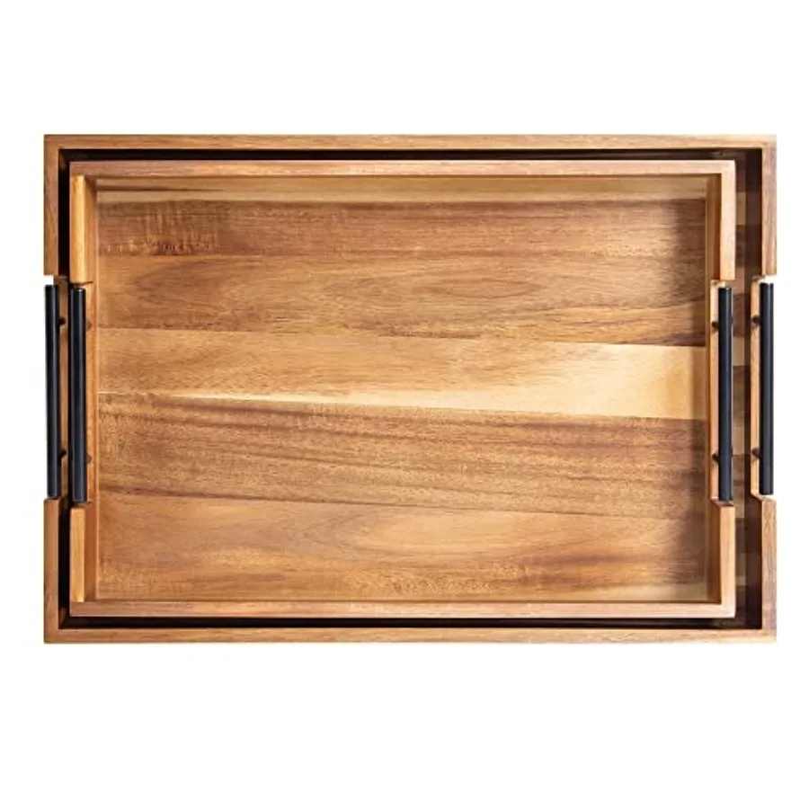 

2PCS Large Wooden Ottoman Tray Rectangle Trays for Big Ottoman Counter Huge Kitchen Wood Serving Trays with Handles Decorative