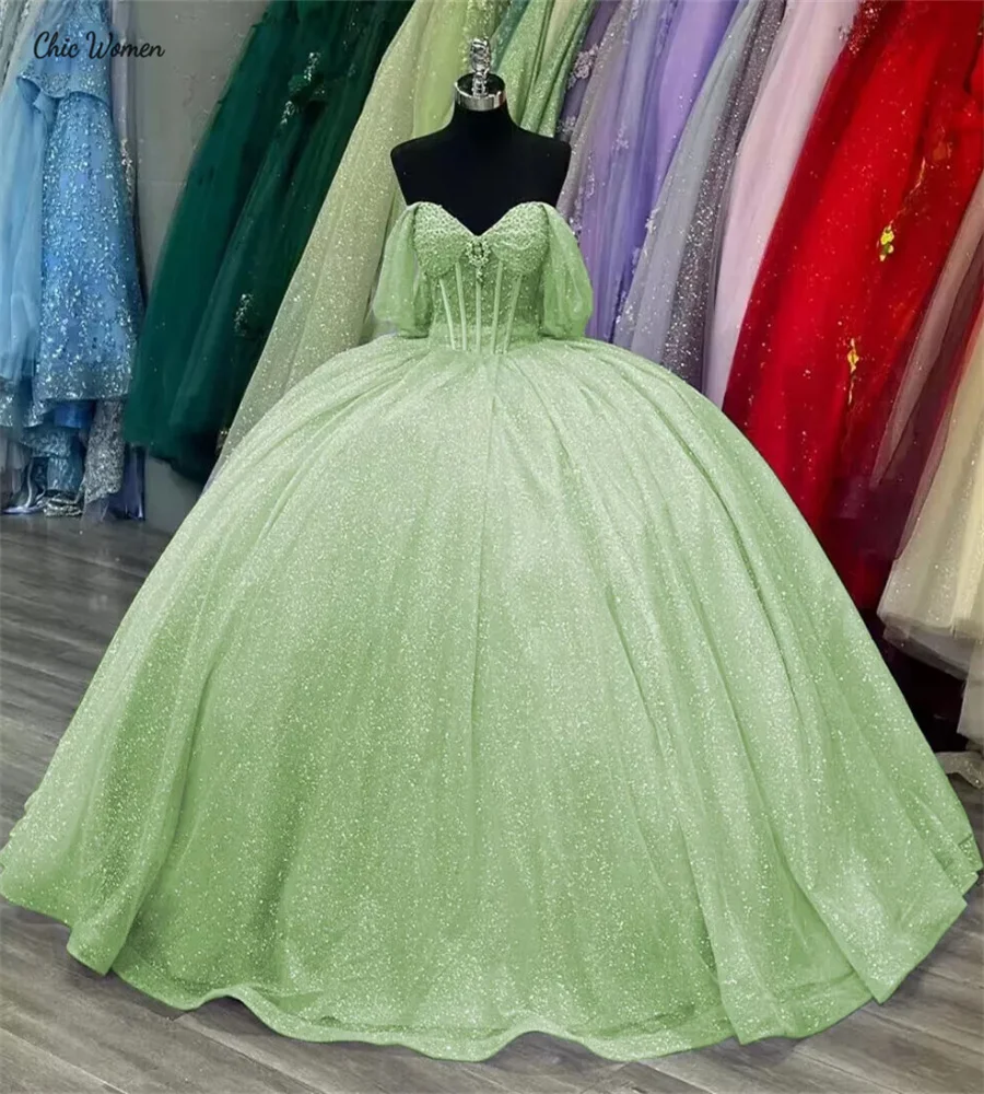 Vestido para quinceañeras verde con lentejuelas brillantes, Charro con cuentas y hombros descubiertos, 15 Xv Años, quinceañera, fiesta de cumpleaños de dieciséis, personalizado