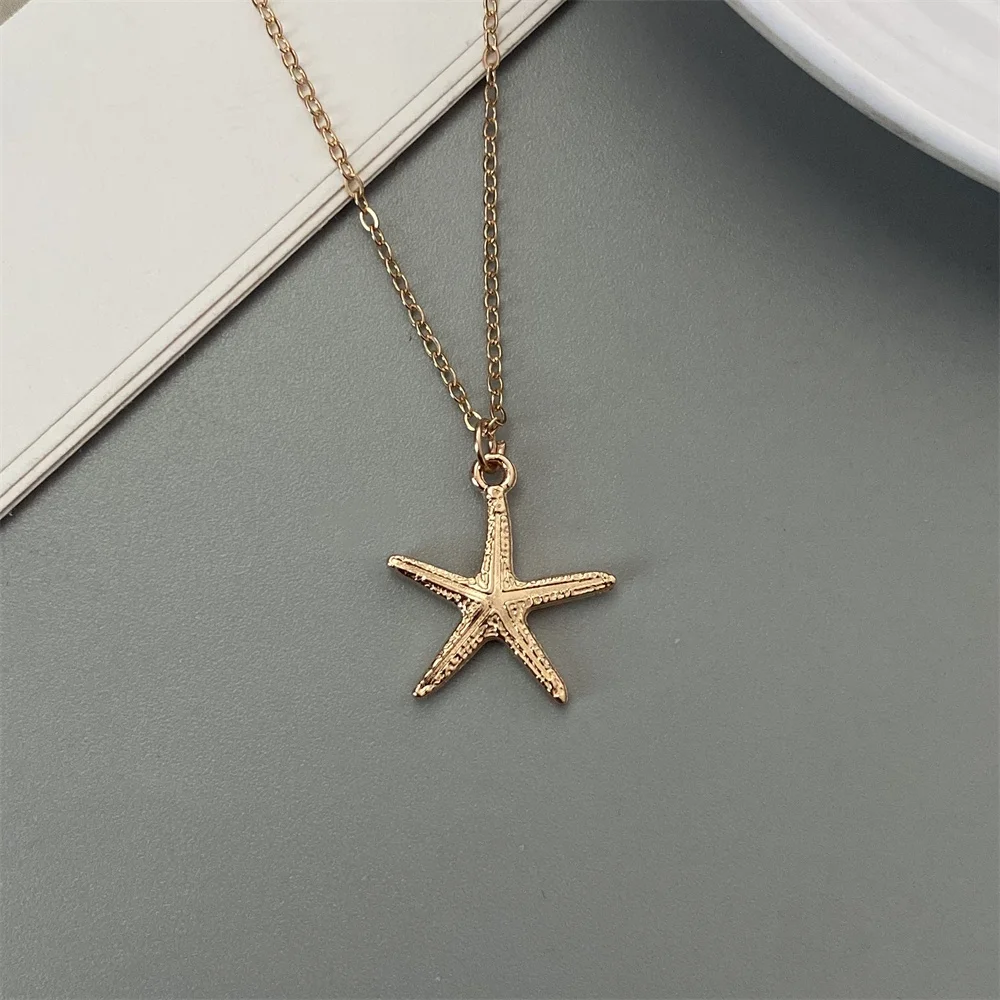 Golden Color Starfish Pendant Necklace for Women Girl Spring Summer Beach Choker Holiday Jewelry