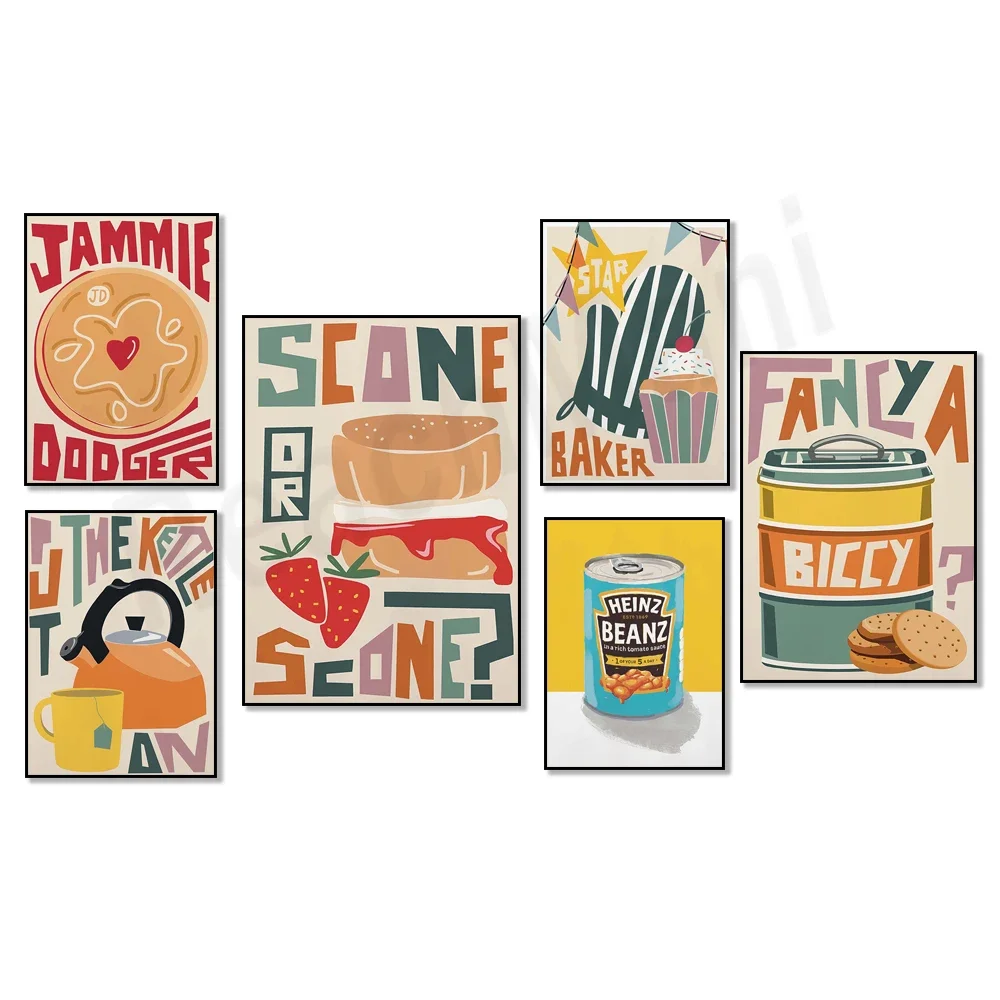 

Food posters, baked bean art, British baking, custard art, biscuits, kettles, scones, gourmet gifts, fun kitchen restaurant gift