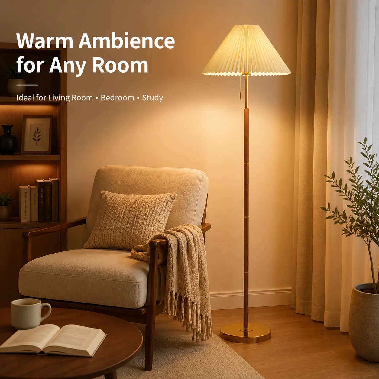 Wood Grain Walnut Floor Lamp Pleated Shade Bud Shape Standing Lamp Living Room Sofa Bedroom Decorative Vertical Home Floor Light