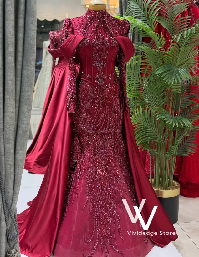 Burgundy Shine Bridal Gown Dubai Women High-Neck Crystal Beaded Waist Train Mermaid Party Evening Dresses Customized prom dresse