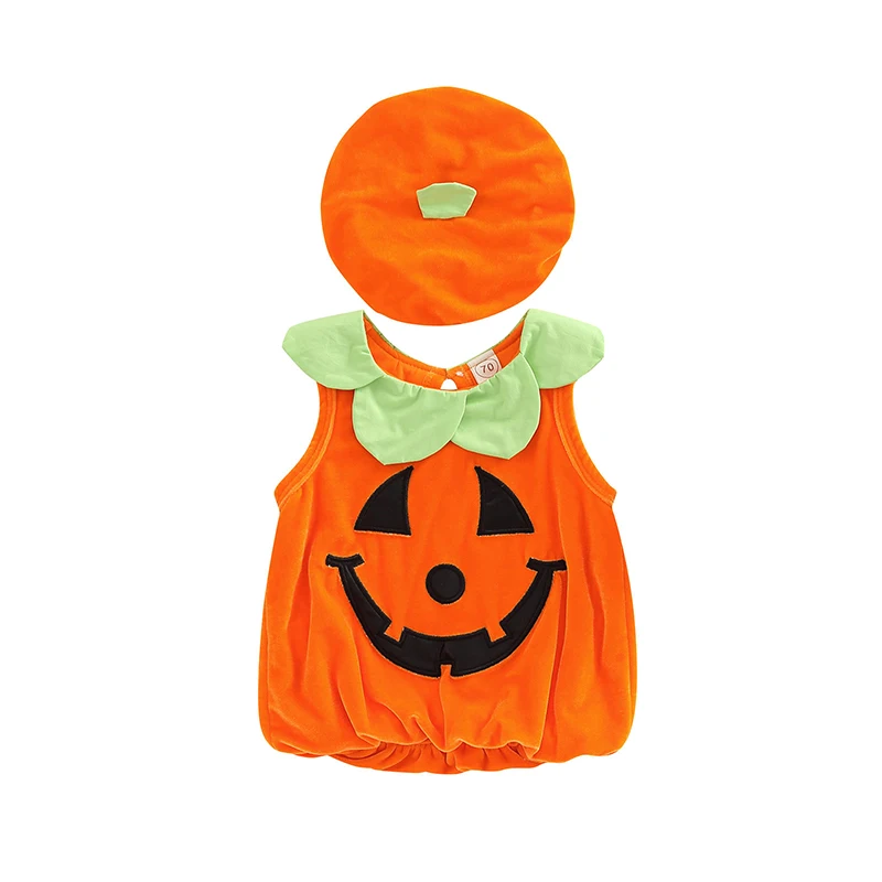 Baby Halloween Costume Sleeveless Pumpkin Romper with Matching Hat for Infant Boys and Girls