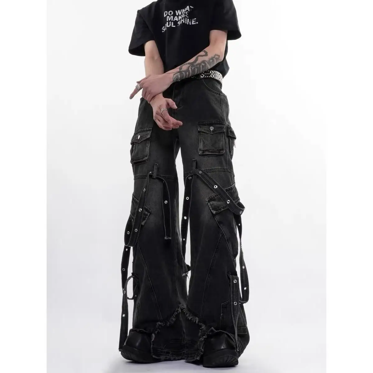 Unisex Vintage Black Washed Flare Cargo Jeans, Strap Decor Distressed Raw Hem Y2K Streetwear Wide Leg Denim Pants