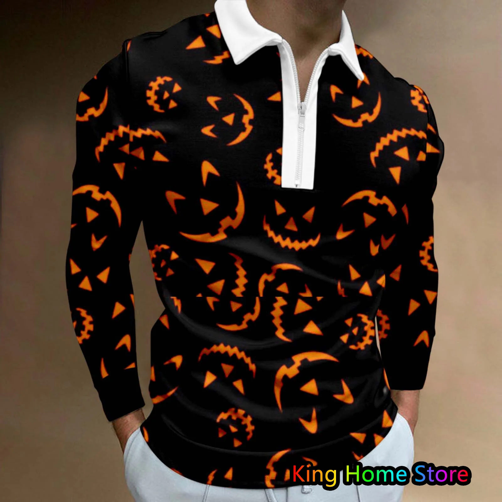 Halloween Pumpkin Lantern Horror 3D Printing Polo Men's Long Sleeve Tshirts Hip Hop Streetwear Lapel Polo Oversized Men Clothes