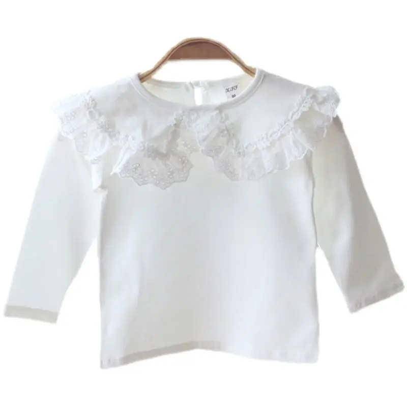 تي شيرت Peter Pan Neckline للفتيات الصغيرات - بدلة كلاسيكية بيضاء بأكمام طويلة، طبقات أساسية للرضع والأطفال الصغار