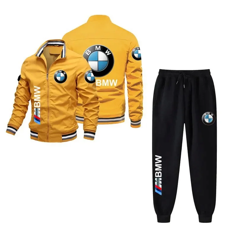 ชุดแจ็คเก็ตซิปพิมพ์ลายโลโก้แบรนด์ BMW สำหรับผู้ชาย เหมาะสำหรับผู้ที่ชื่นชอบรถยนต์ แจ็คเก็ตฤดูใบไม้ผลิและฤดูใบไม้ร่วงแบบสตรีท+กางเกง ชุดสองชิ้น
