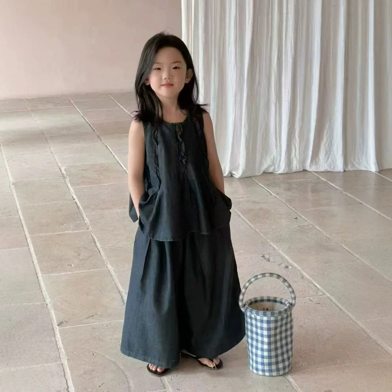 

2026Summer new style girls' lace tank top and denim wide-leg pants two-piece set, fashionable outfit for girls